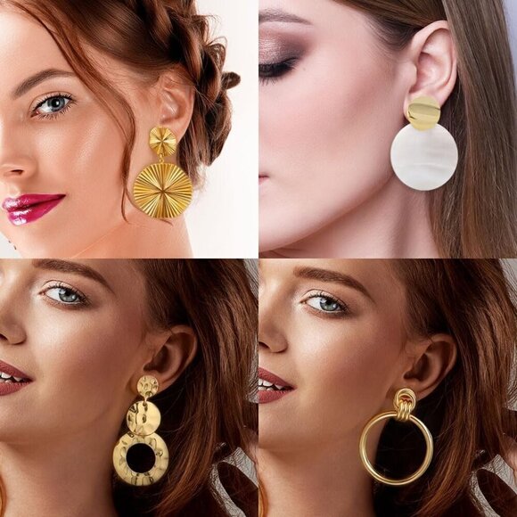 11 Pairs Gold Dangle Earrings Set Hammered Round Drop Statement for Women - Picture 4 of 7